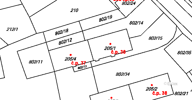 Meclov 36 na parcele st. 205/1 v KÚ Meclov, Katastrální mapa