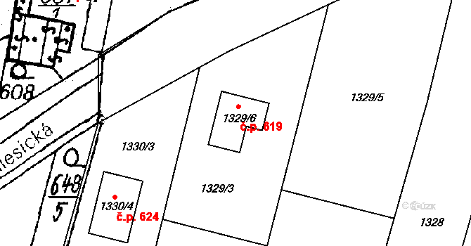 Město Touškov 619 na parcele st. 1329/6 v KÚ Město Touškov, Katastrální mapa