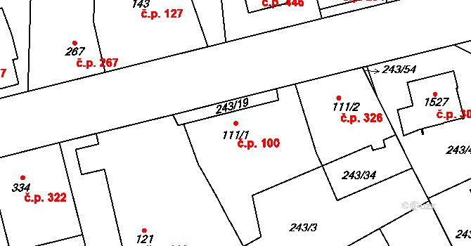Rosice 100, Pardubice na parcele st. 111/1 v KÚ Rosice nad Labem, Katastrální mapa