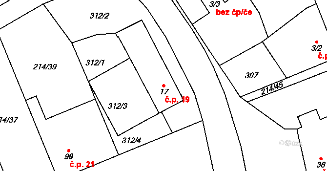 Doubravice 19, Pardubice na parcele st. 17 v KÚ Semtín, Katastrální mapa