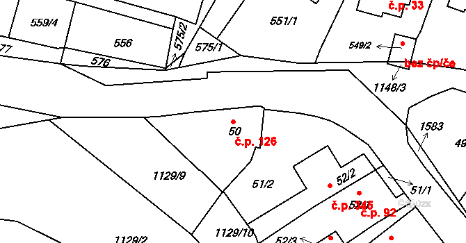 Olomučany 126 na parcele st. 50 v KÚ Olomučany, Katastrální mapa