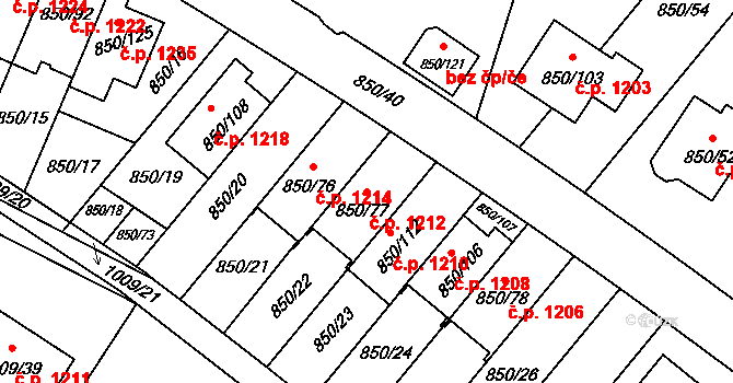 Mohelnice 1212 na parcele st. 850/77 v KÚ Mohelnice, Katastrální mapa