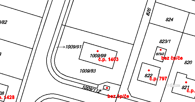 Mohelnice 1403 na parcele st. 1009/99 v KÚ Mohelnice, Katastrální mapa