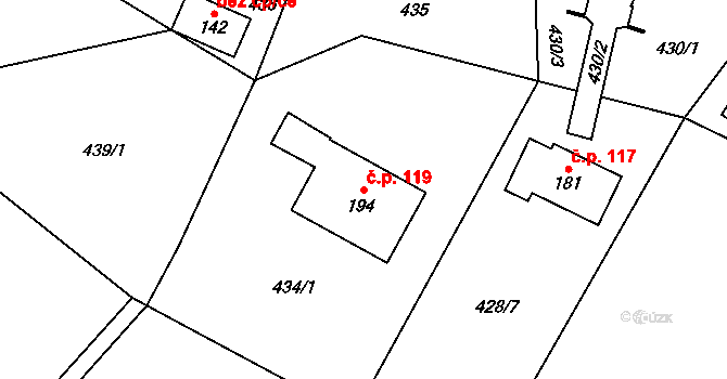 Postřelmůvek 119 na parcele st. 194 v KÚ Postřelmůvek, Katastrální mapa