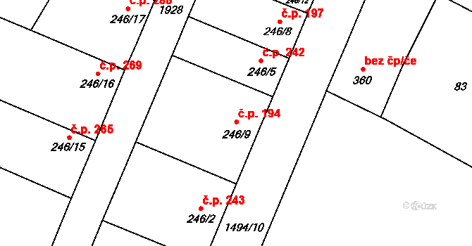 Kolešovice 194 na parcele st. 246/9 v KÚ Kolešovice, Katastrální mapa