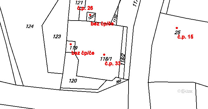 Šípy 33 na parcele st. 118/1 v KÚ Šípy, Katastrální mapa