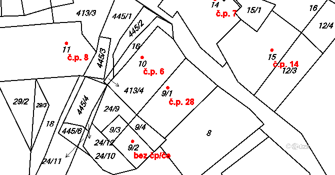 Střítež pod Křemešníkem 28 na parcele st. 9/1 v KÚ Střítež pod Křemešníkem, Katastrální mapa