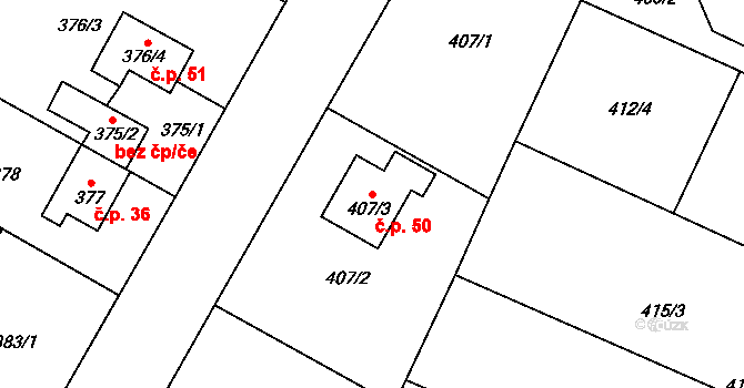 Šnepov 50, Ostrá na parcele st. 407/3 v KÚ Ostrá, Katastrální mapa