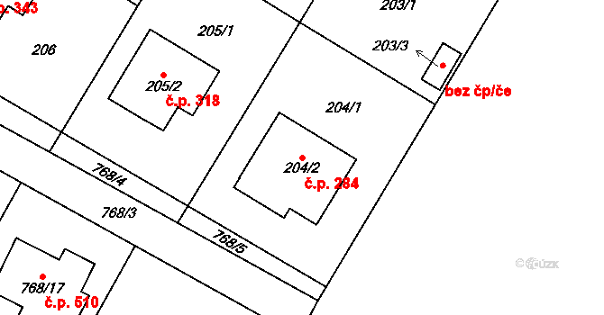 Senec 284, Zruč-Senec na parcele st. 204/2 v KÚ Senec u Plzně, Katastrální mapa