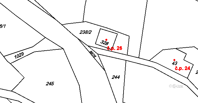 Souvrať 26, Mostek na parcele st. 328 v KÚ Souvrať, Katastrální mapa