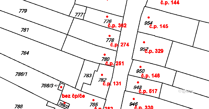 Koryčany 251 na parcele st. 780 v KÚ Koryčany, Katastrální mapa