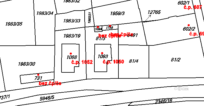 Hrušovany nad Jevišovkou 1050 na parcele st. 1093 v KÚ Hrušovany nad Jevišovkou, Katastrální mapa