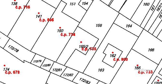 Ždánice 735 na parcele st. 155/2 v KÚ Ždánice, Katastrální mapa