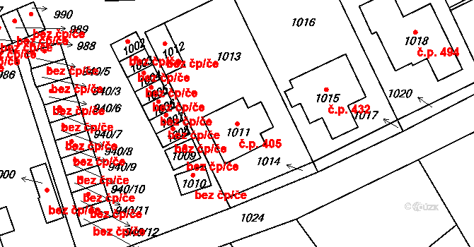 Komárov 405 na parcele st. 1011 v KÚ Komárov u Hořovic, Katastrální mapa