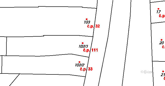 Lechotice 111 na parcele st. 102/3 v KÚ Lechotice, Katastrální mapa