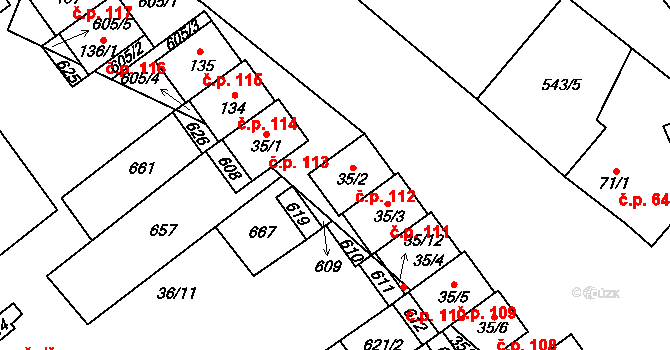 Dušníky 112 na parcele st. 35/2 v KÚ Dušníky, Katastrální mapa