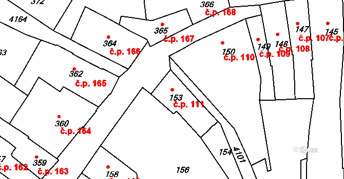 Roudnice nad Labem 111 na parcele st. 153 v KÚ Roudnice nad Labem, Katastrální mapa