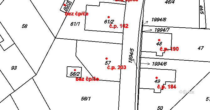 Košťálov 203 na parcele st. 57 v KÚ Košťálov, Katastrální mapa