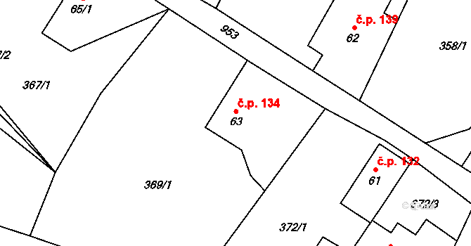 Velké Popovice 134 na parcele st. 63 v KÚ Velké Popovice, Katastrální mapa