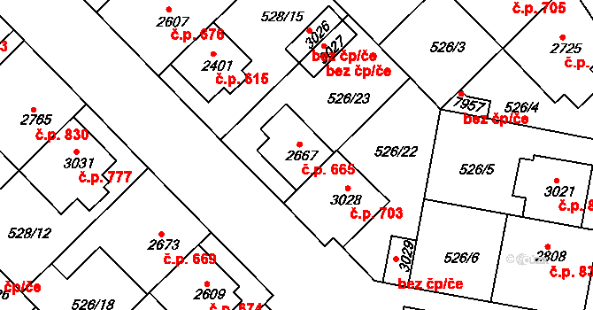 Borovina 665, Třebíč na parcele st. 2667 v KÚ Třebíč, Katastrální mapa