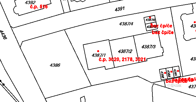 Žabovřesky 2178,3020,3021, Brno na parcele st. 4387/1 v KÚ Žabovřesky, Katastrální mapa