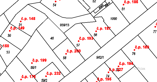 Borohrádek 193 na parcele st. 57 v KÚ Borohrádek, Katastrální mapa