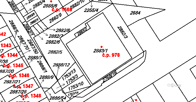 Kyje 978, Praha na parcele st. 2883/1 v KÚ Kyje, Katastrální mapa