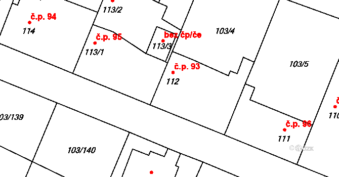 Břežany II 93 na parcele st. 112 v KÚ Břežany II, Katastrální mapa