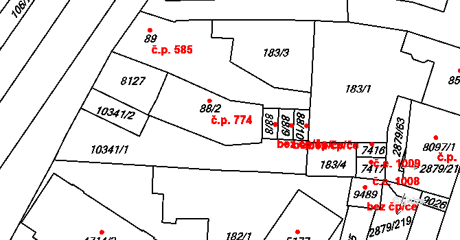 Hodonín 774 na parcele st. 88/2 v KÚ Hodonín, Katastrální mapa