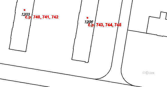 Slezské Předměstí 743,744,745, Hradec Králové na parcele st. 1206 v KÚ Slezské Předměstí, Katastrální mapa