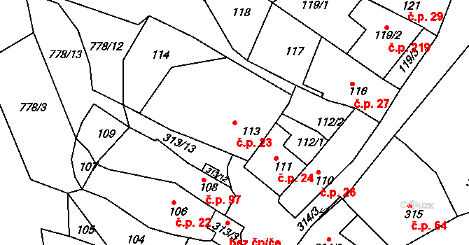 Horákov 23, Mokrá-Horákov na parcele st. 113 v KÚ Horákov, Katastrální mapa