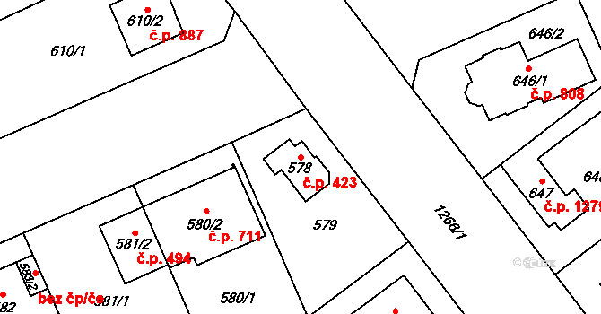 Černice 423, Plzeň na parcele st. 578 v KÚ Hradiště u Plzně, Katastrální mapa