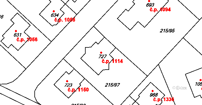 Rudná 1114 na parcele st. 727 v KÚ Hořelice, Katastrální mapa
