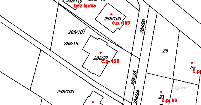 Pávov 120, Jihlava na parcele st. 288/27 v KÚ Pávov, Katastrální mapa