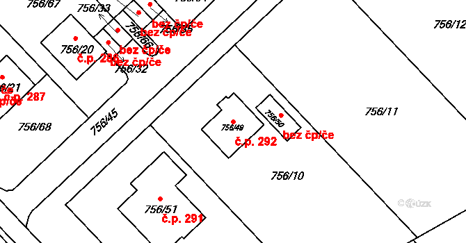Kobeřice u Brna 292 na parcele st. 756/49 v KÚ Kobeřice u Brna, Katastrální mapa