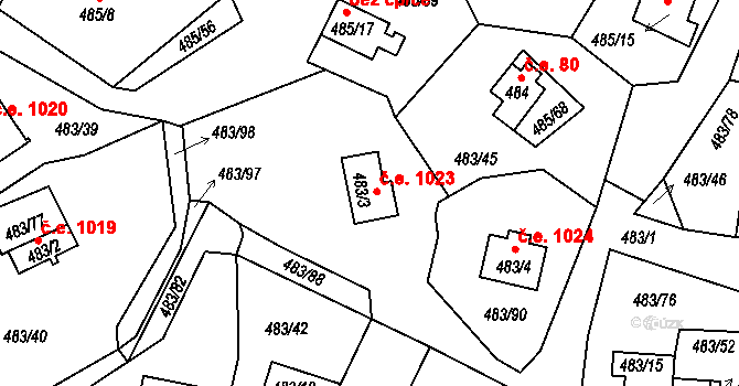 Kovářov 1023, Frymburk na parcele st. 483/3 v KÚ Frymburk, Katastrální mapa