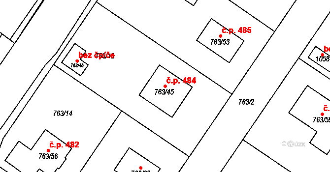 Kostomlaty nad Labem 484 na parcele st. 763/45 v KÚ Kostomlaty nad Labem, Katastrální mapa