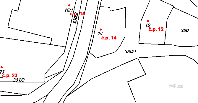 Hornice 14 na parcele st. 14 v KÚ Hornice, Katastrální mapa