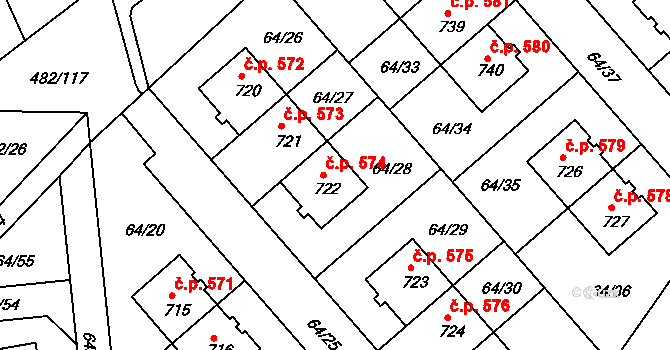 Nehvizdy 574 na parcele st. 722 v KÚ Nehvizdy, Katastrální mapa