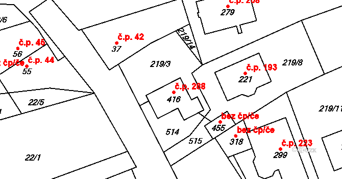Čestlice 288 na parcele st. 416 v KÚ Čestlice, Katastrální mapa