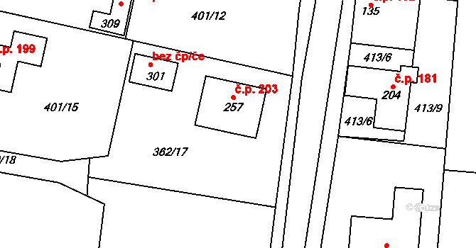 Olešná 203 na parcele st. 257 v KÚ Olešná u Rakovníka, Katastrální mapa
