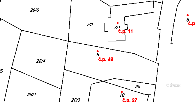 Měšetice 48, Sedlec-Prčice na parcele st. 9 v KÚ Měšetice, Katastrální mapa