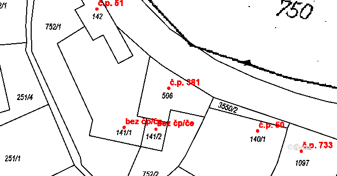 Halenkovice 381 na parcele st. 506 v KÚ Halenkovice, Katastrální mapa