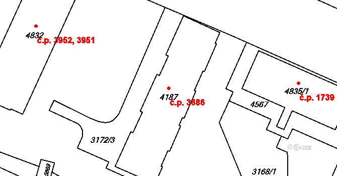 Zlín 3686 na parcele st. 4187 v KÚ Zlín, Katastrální mapa
