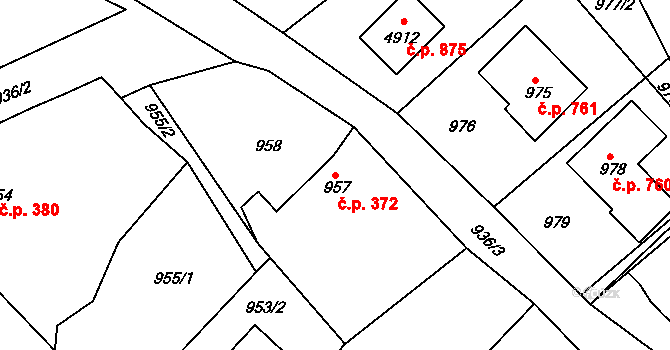 Buchlovice 372 na parcele st. 957 v KÚ Buchlovice, Katastrální mapa