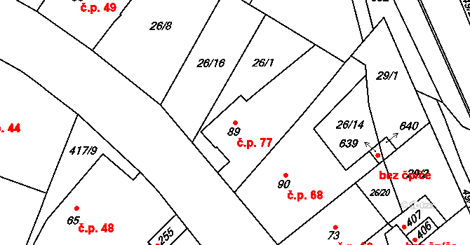 Trnová 77, Pardubice na parcele st. 89 v KÚ Trnová, Katastrální mapa