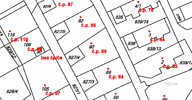 Molenburk 85, Vysočany na parcele st. 90 v KÚ Molenburk, Katastrální mapa