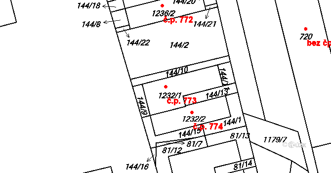 Prštné 773, Zlín na parcele st. 1232/1 v KÚ Prštné, Katastrální mapa