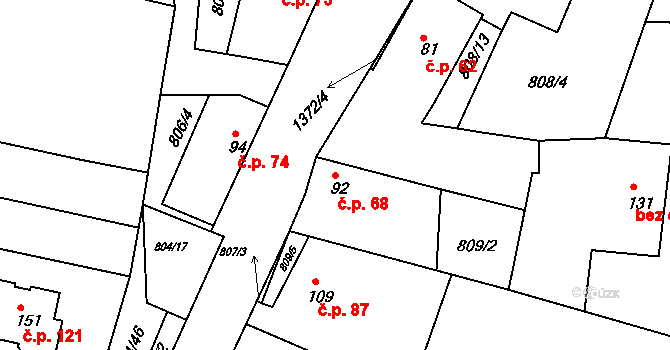 Radonice nad Ohří 68, Peruc na parcele st. 92 v KÚ Radonice nad Ohří, Katastrální mapa