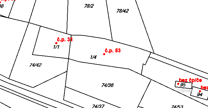Polomí 53 na parcele st. 1/4 v KÚ Polomí, Katastrální mapa